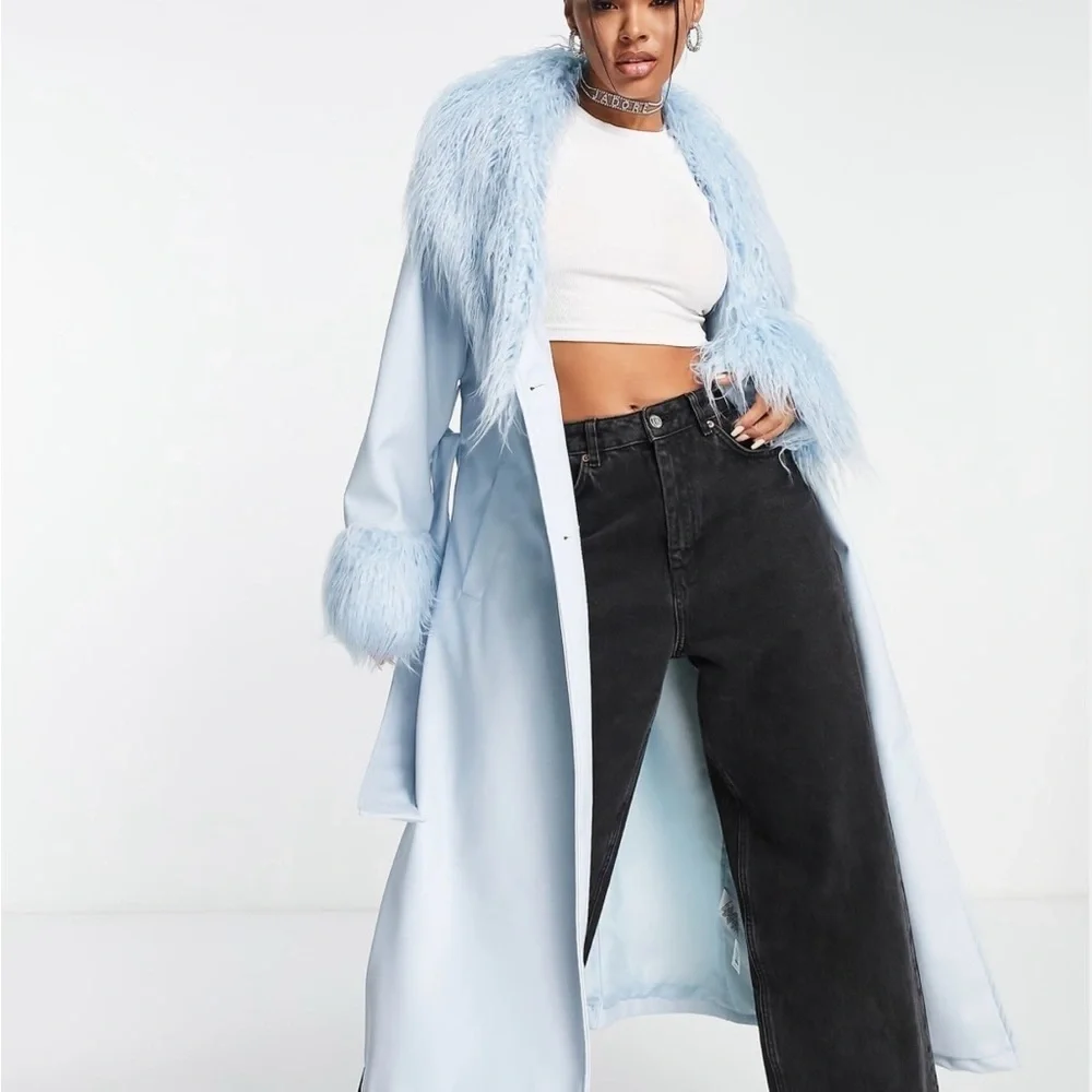 ASOS Sky Blue Leather Jacket with Plush Fur